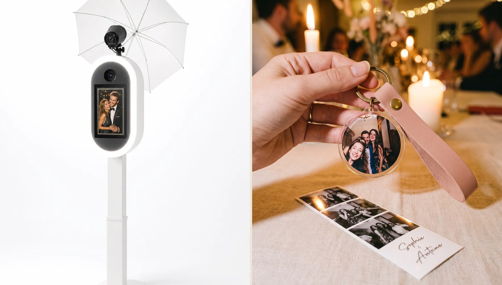 Porte-clés photo rond monté sur place lors d'un mariage